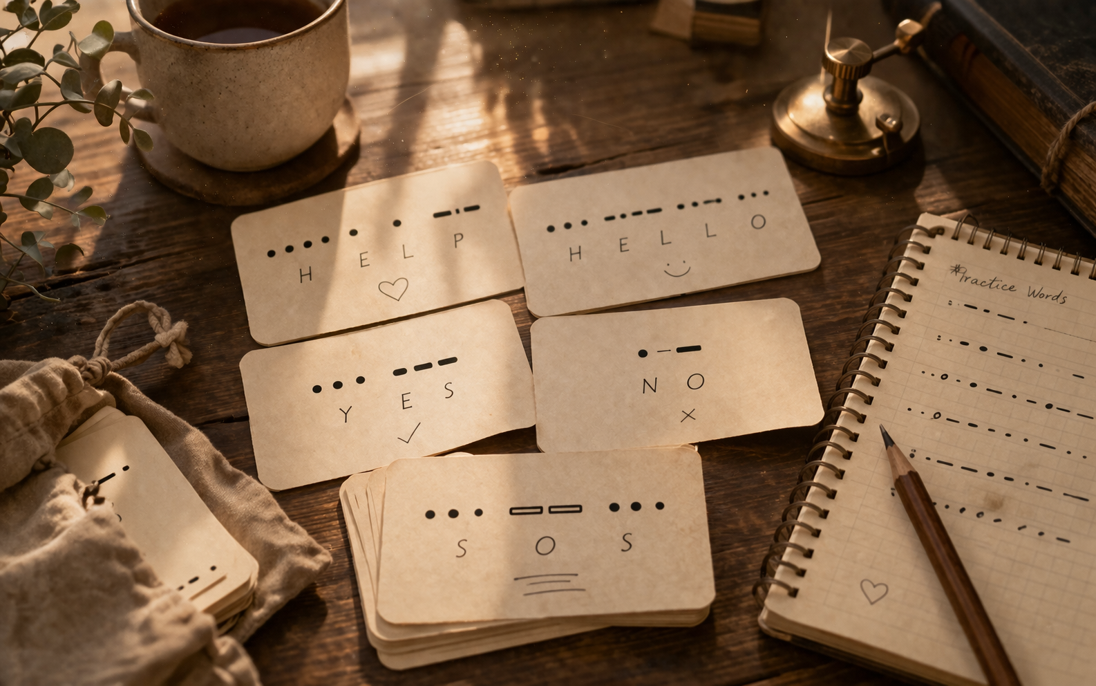 Morse code word practice sheet with HELLO, HELP, YES, and NO patterns