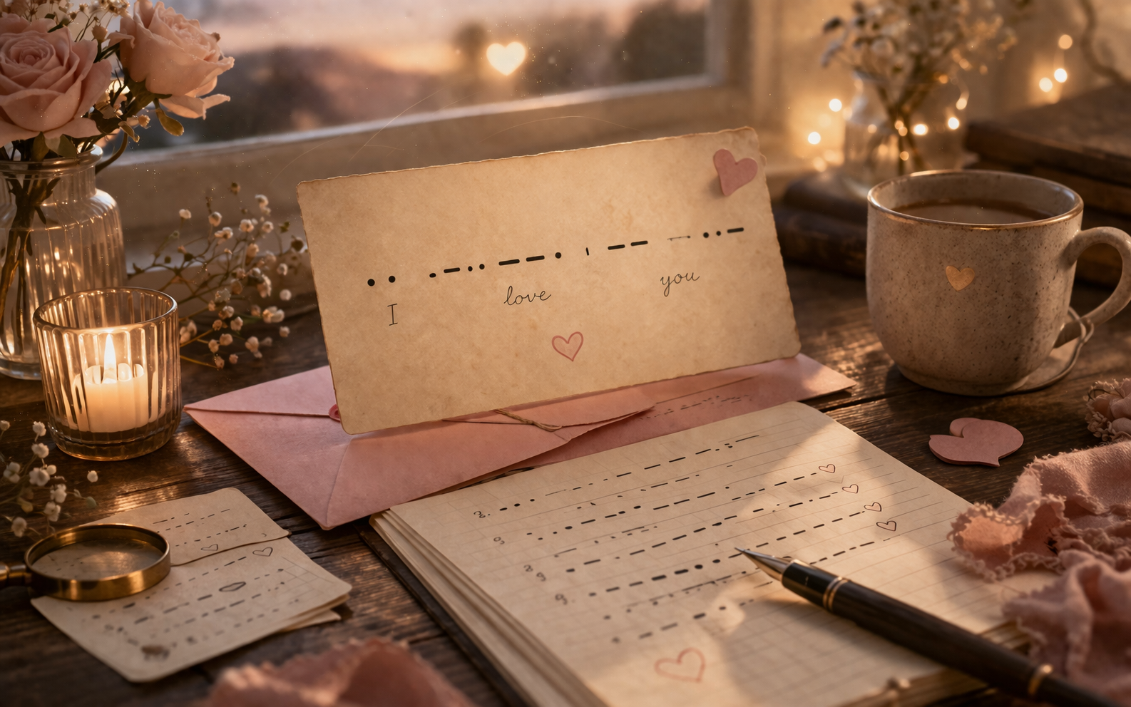 I love you phrase card with Morse code dots and dashes