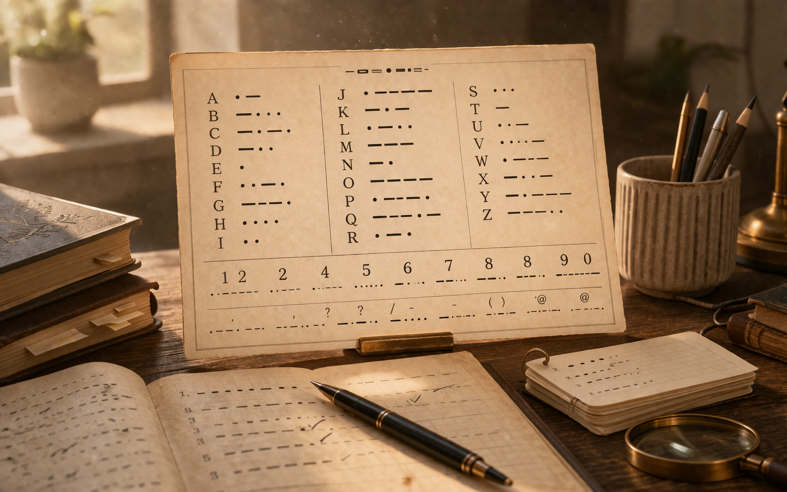 Morse code alphabet chart with A-Z letters, 0-9 numbers, and punctuation symbols