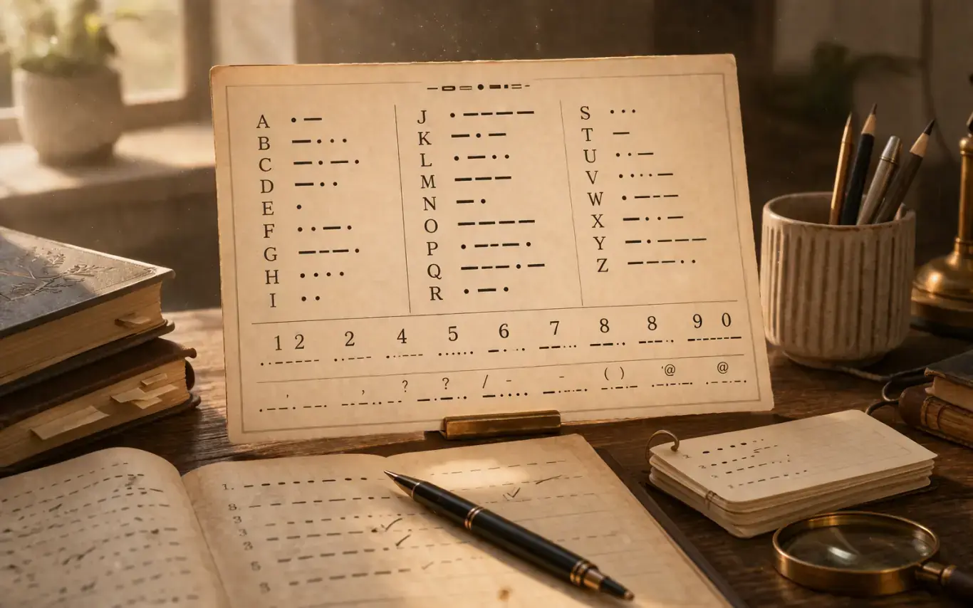 Morse code alphabet chart used for learn Morse code timing and symbol practice