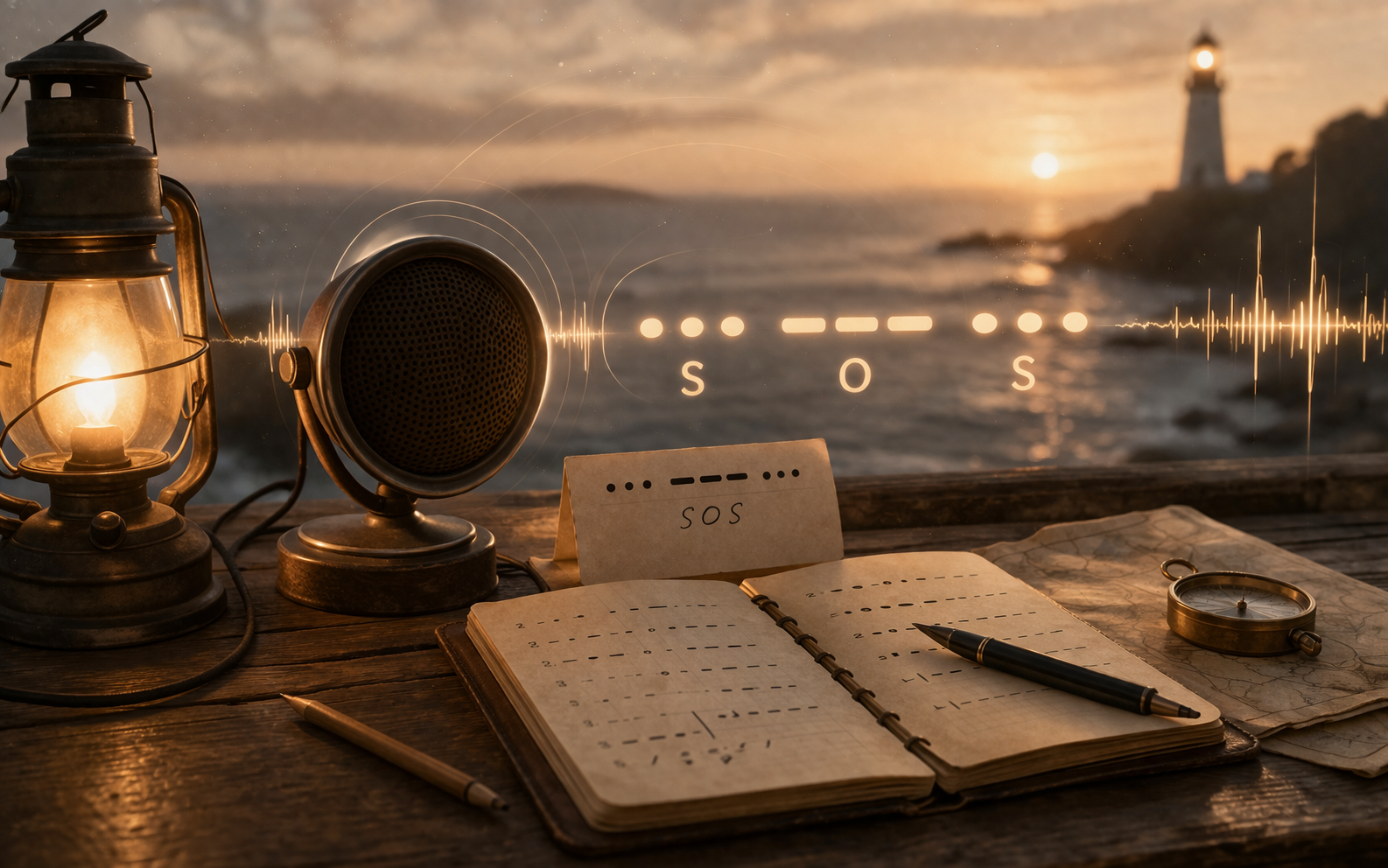 SOS distress signal in Morse code pattern (... --- ...) with timing reference