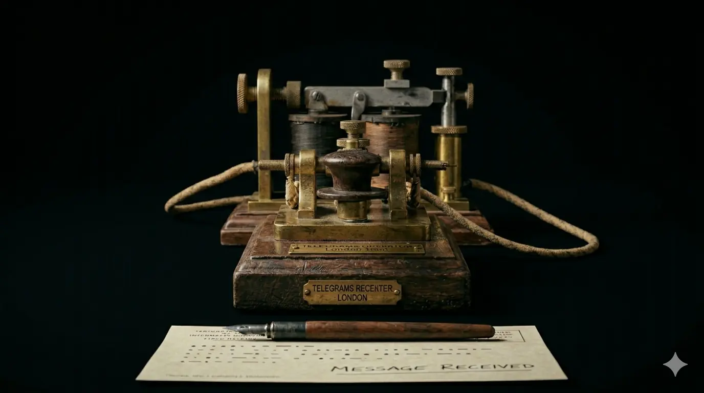 Vintage telegraph desk with Morse key and paper tape for Morse code translation